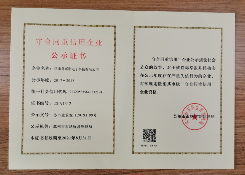 普樂(lè)斯榮獲市級(jí)守合同重信用公式證書